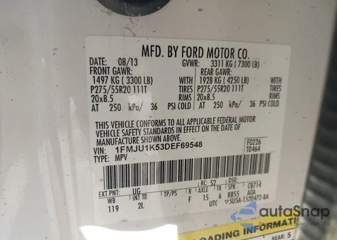 2013 Ford Expedition Limited из США, поврежденный, VIN 1FMJU1K53DEF69548